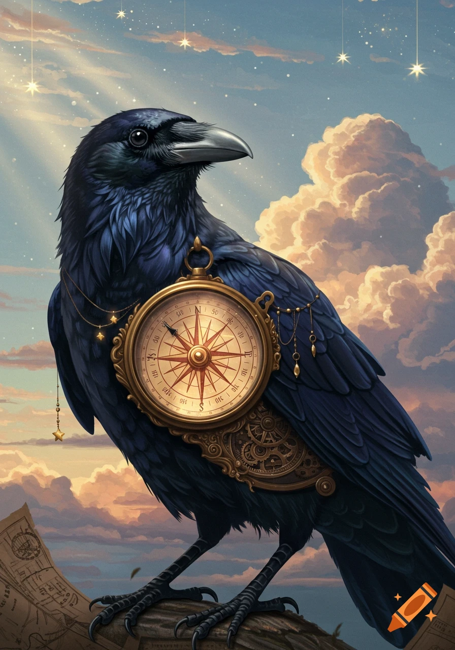 A surreal blue-black raven with a large ornate golden compass integrated into its side, standing on a branch under a starry, cloudy sky.