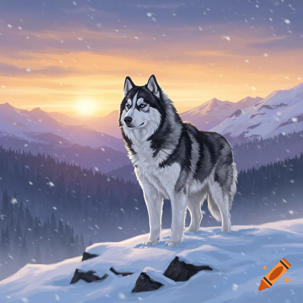 An illustrative husky dog with blue eyes stands on a snowy mountain overlooking a sunset sky with falling snow.