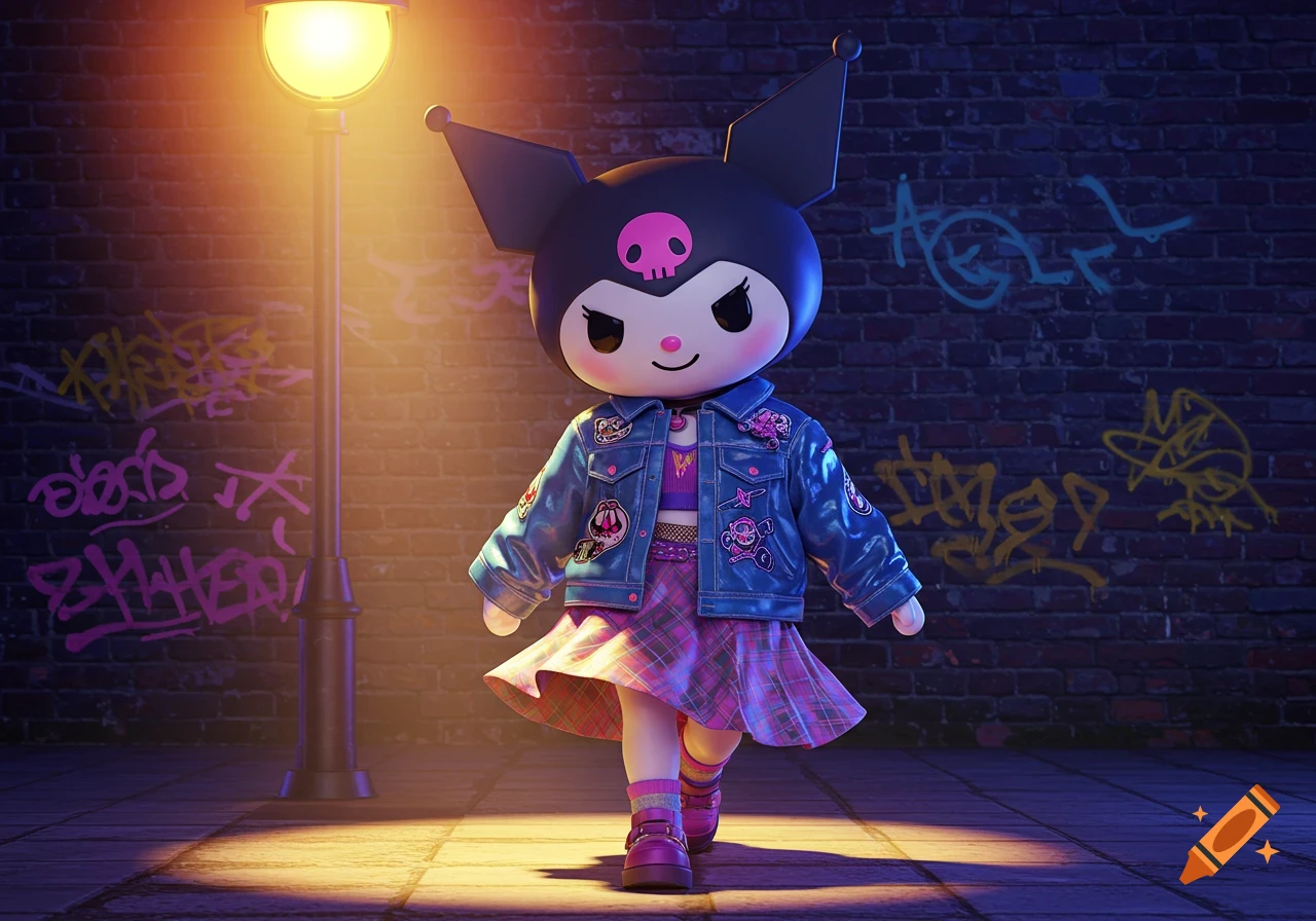 Kuromi character in 90s punk fashion, denim jacket, plaid skirt, and boots, walking under a street lamp against a graffiti-covered brick wall.