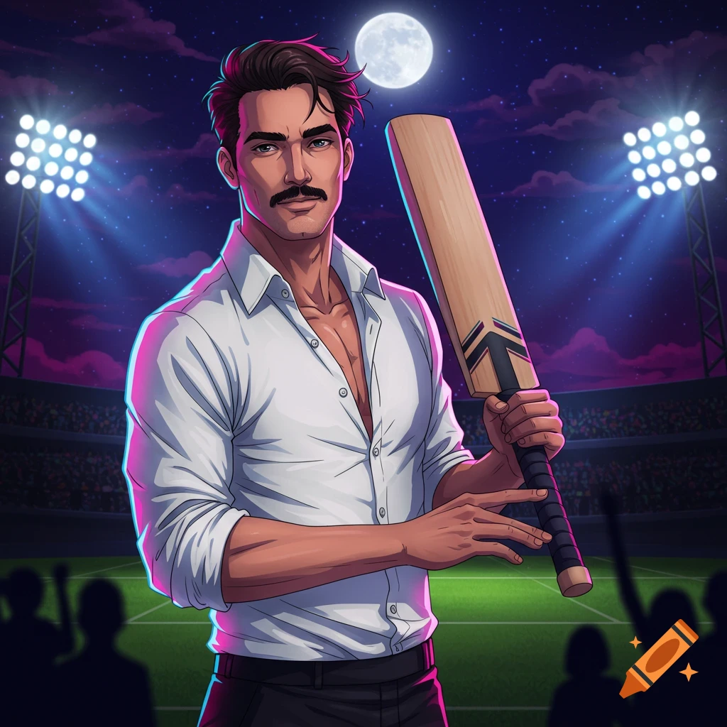 Anime style man with a mustache holding a cricket bat in a stadium at night under floodlights and a full moon.