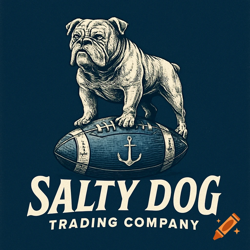Vintage style logo featuring a bulldog standing on a football, with the text 'Salty Dog Trading Company' below.