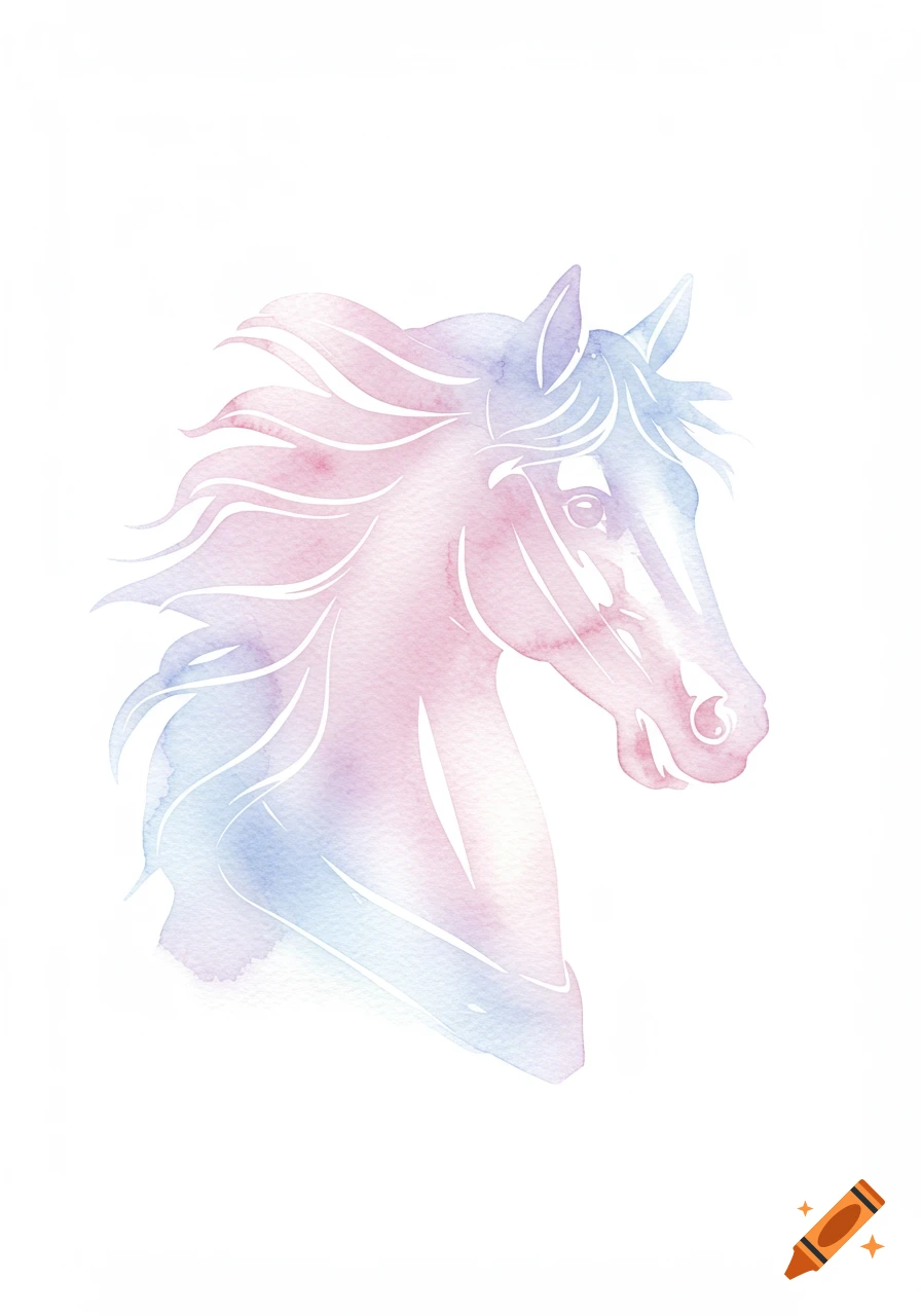 A watercolor painting of a horse's head in translucent pink and blue on a white background.