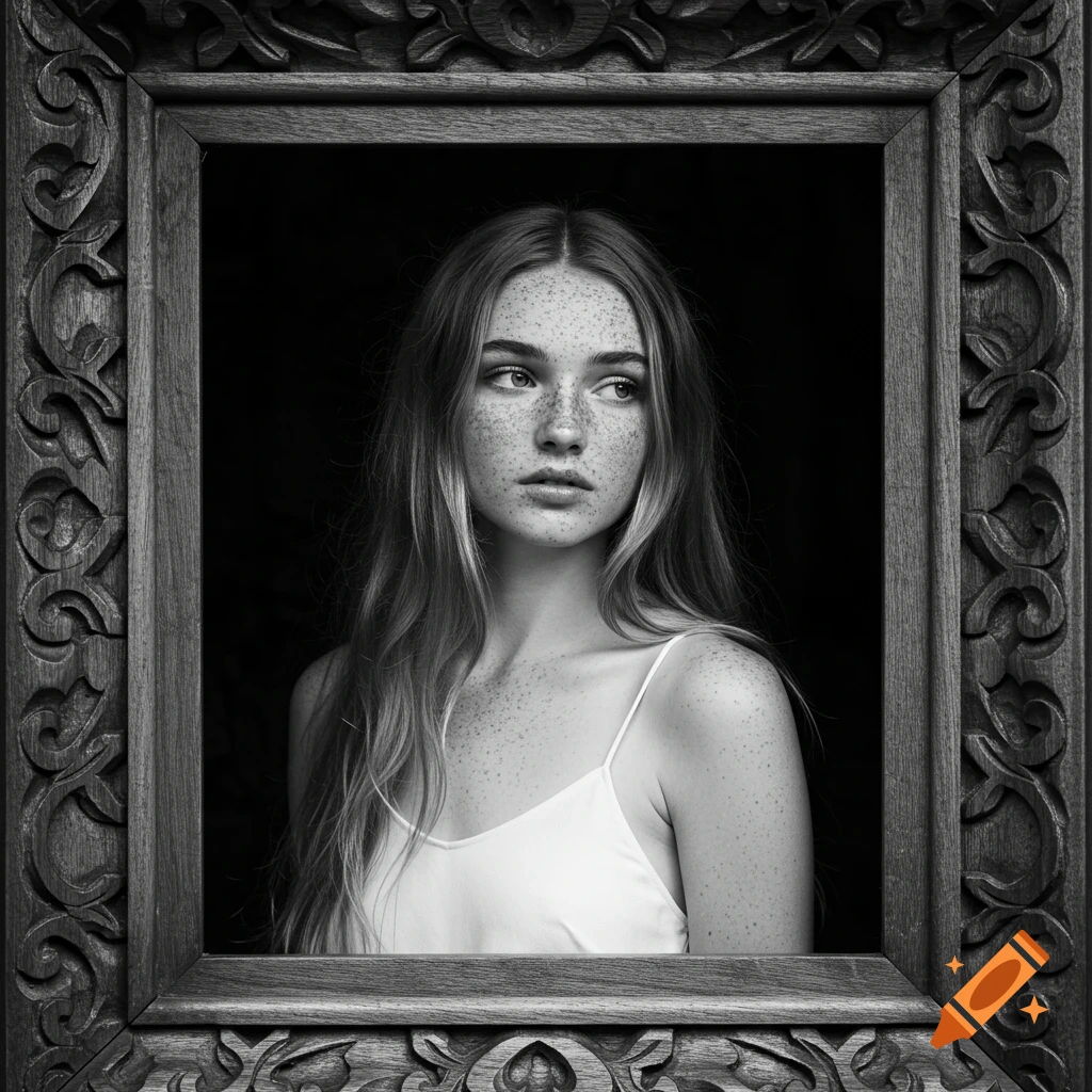 Black and white photorealistic portrait of a young woman with long hair and freckles, framed by an ornate carved wooden border.