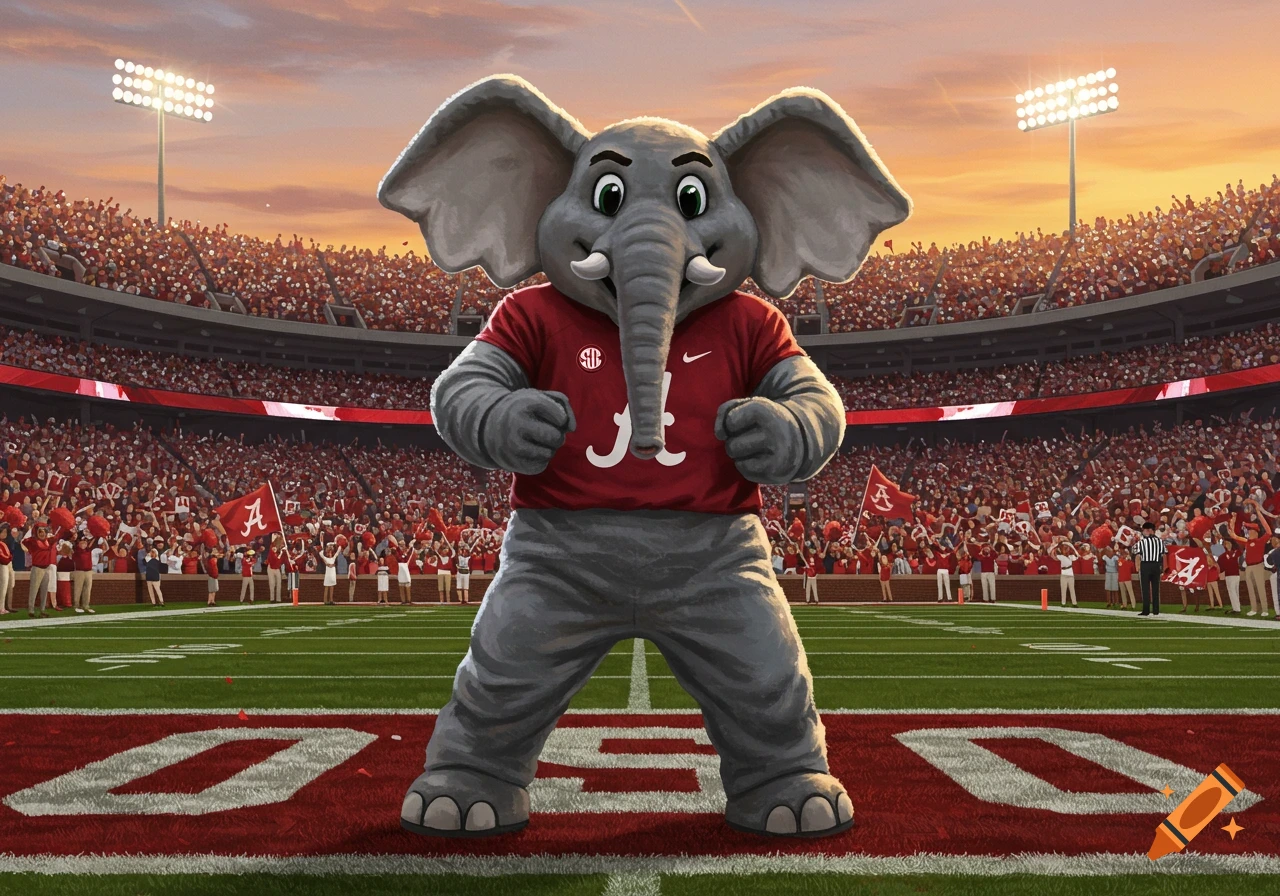 A cartoon elephant mascot in a red football jersey stands on a football field in a stadium at sunset.