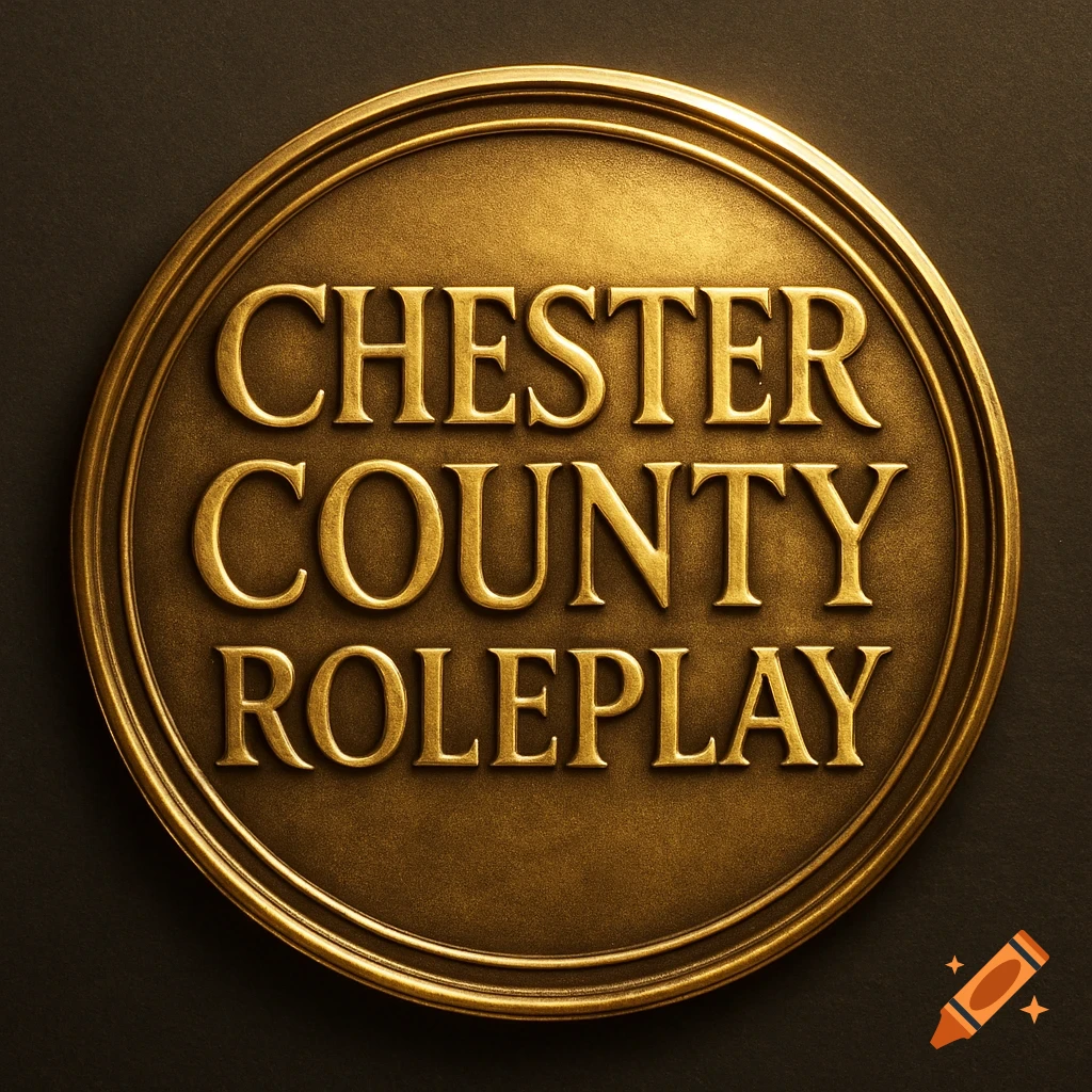 A close-up of a circular gold metallic logo with the words "CHESTER COUNTY ROLEPLAY" embossed in the center against a dark background.