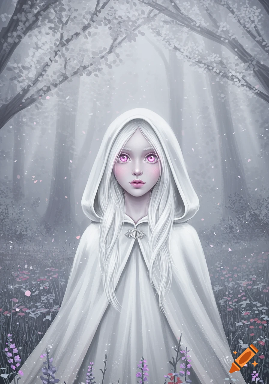 Illustration of an ethereal girl with white hair and striking pink eyes, wearing a white hooded cloak in a serene, misty forest with soft pink flowers.