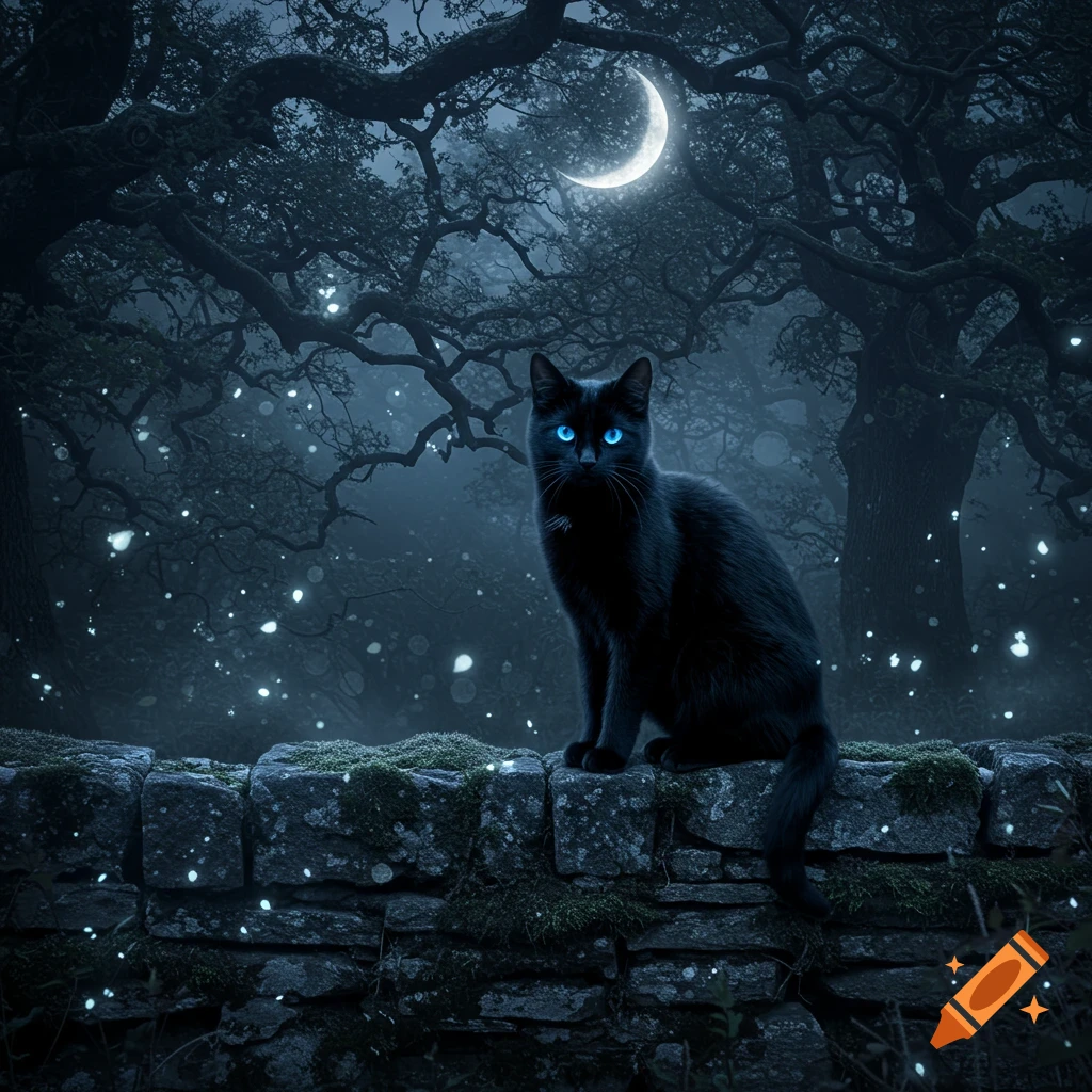 A black cat with luminous blue eyes sits on a moss-covered stone wall in a mystical, dark forest with a crescent moon and glowing white particles.