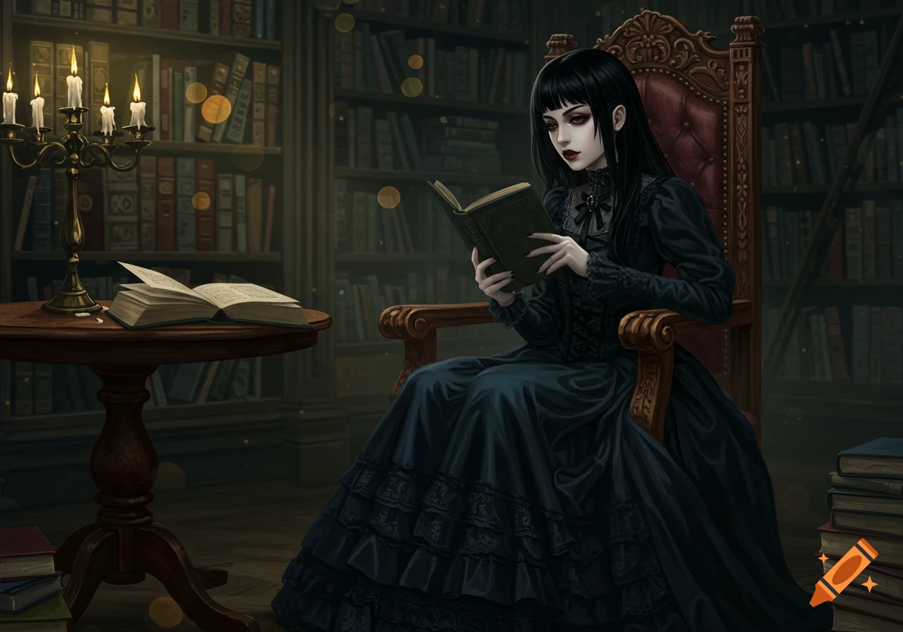 A gothic woman with long black hair and dark makeup sits in an ornate chair in a library, reading a book by candlelight. Dark fantasy art style.
