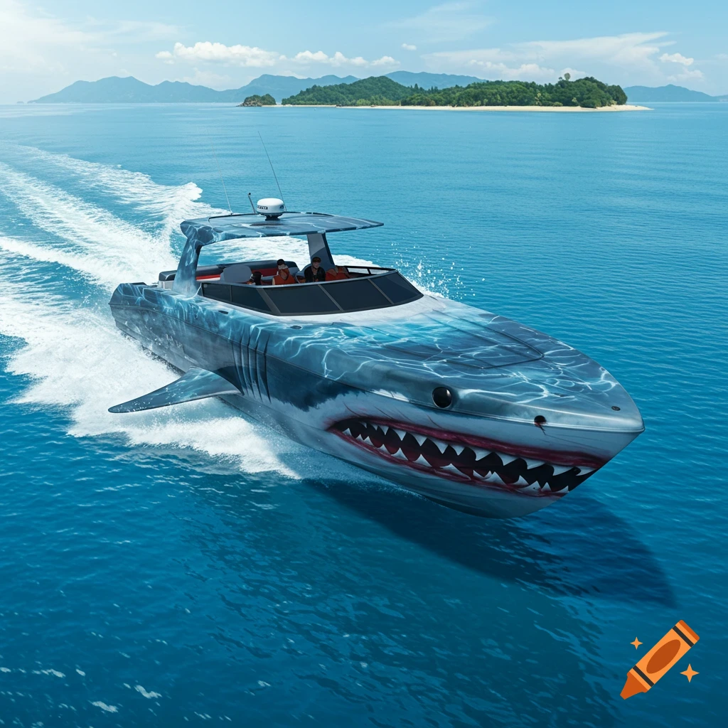 A shark-themed speed boat with an open mouth design, speeding across blue ocean water, with tropical islands in the background.