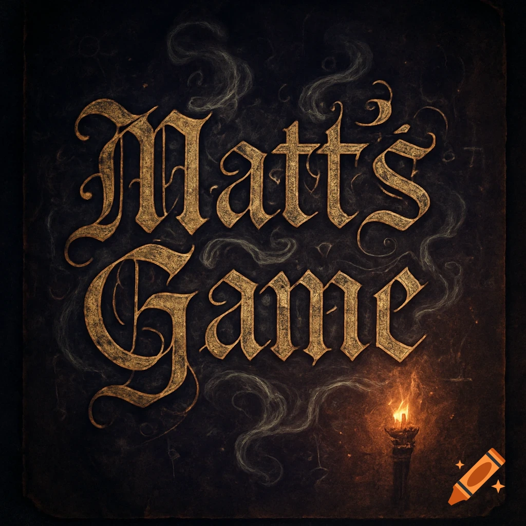 Gothic golden script spelling 'Matt's Game' on a dark, textured background, with a burning torch illuminating the bottom right.