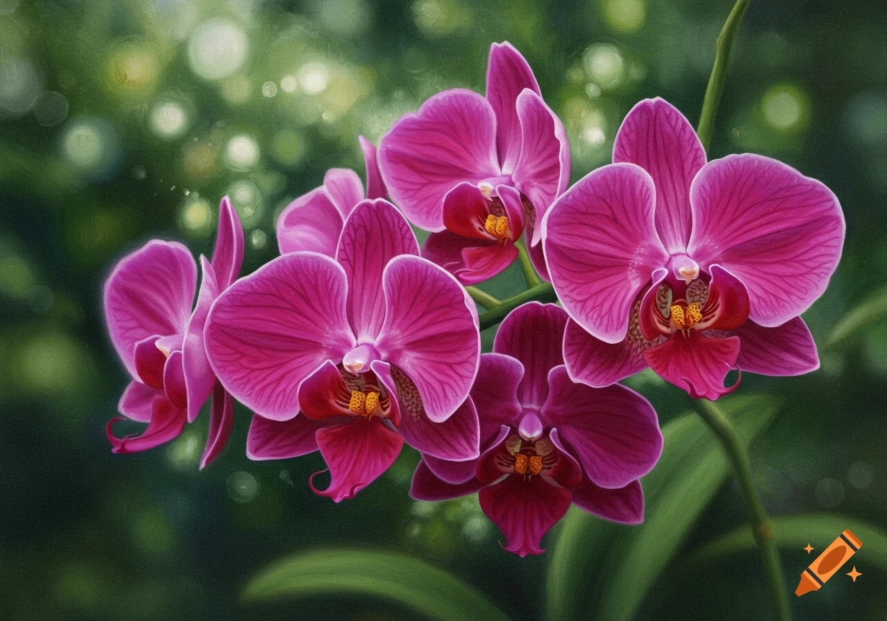 A vibrant painting of multiple magenta orchids with yellow centers, set against a soft, blurred green background with bokeh highlights.