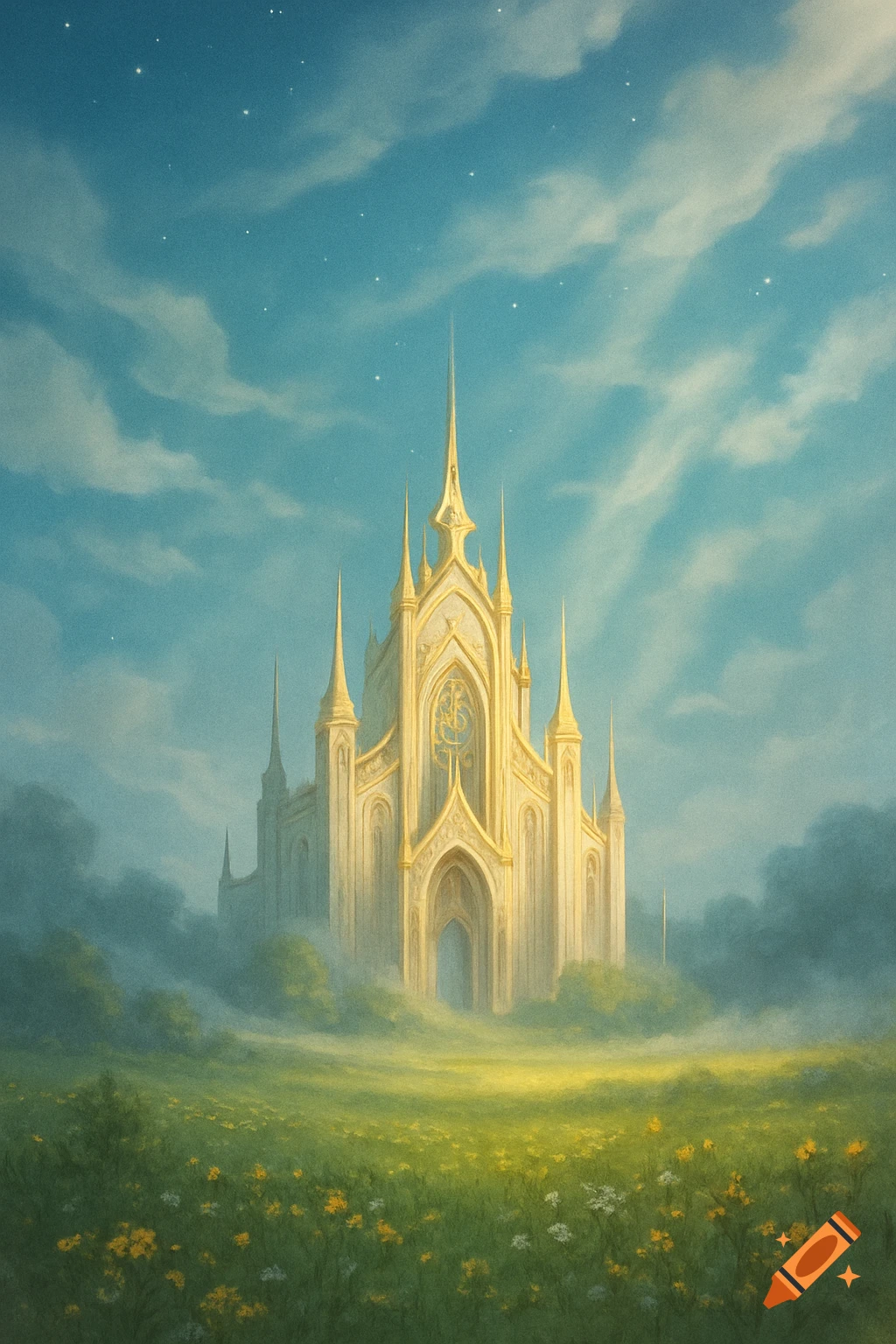 An ornate, golden-white fantasy temple with spires stands majestically in a misty green field of wildflowers under a starry, light blue sky.