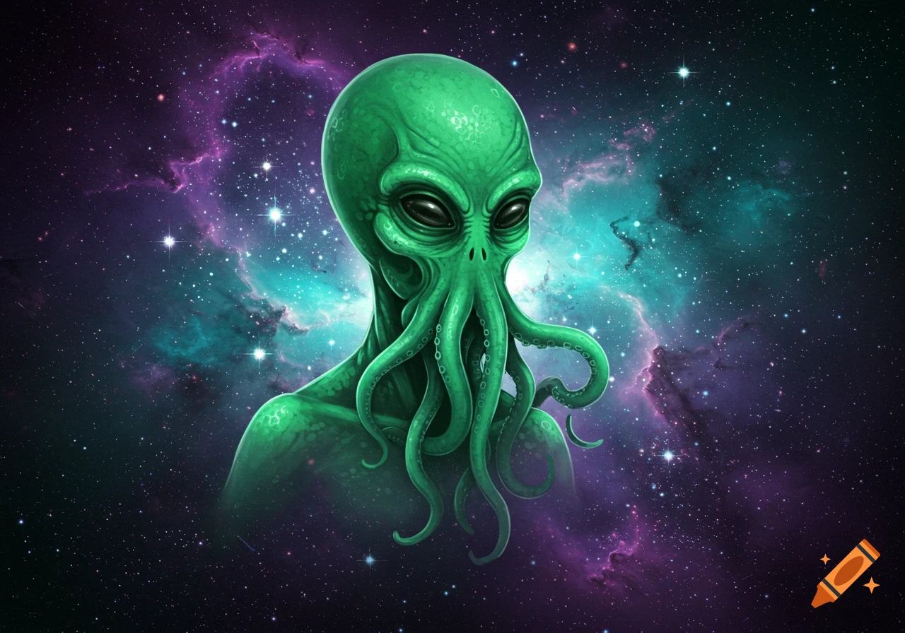 A vibrant green, squid-faced alien with large black eyes floats against a purple and teal cosmic nebula background filled with stars.