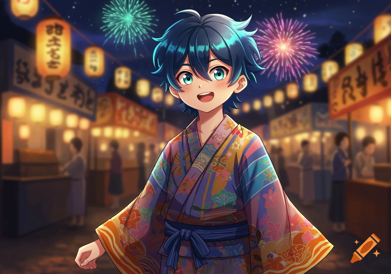 An excited anime boy with blue hair and green eyes, wearing a colorful kimono, smiles at a night festival with fireworks and glowing lanterns in the background.