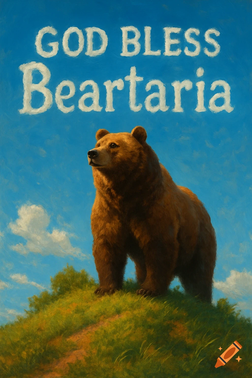 A brown bear stands on a grassy hill under a blue sky, with 'GOD BLESS Beartaria' in cloud-like text, painterly style.