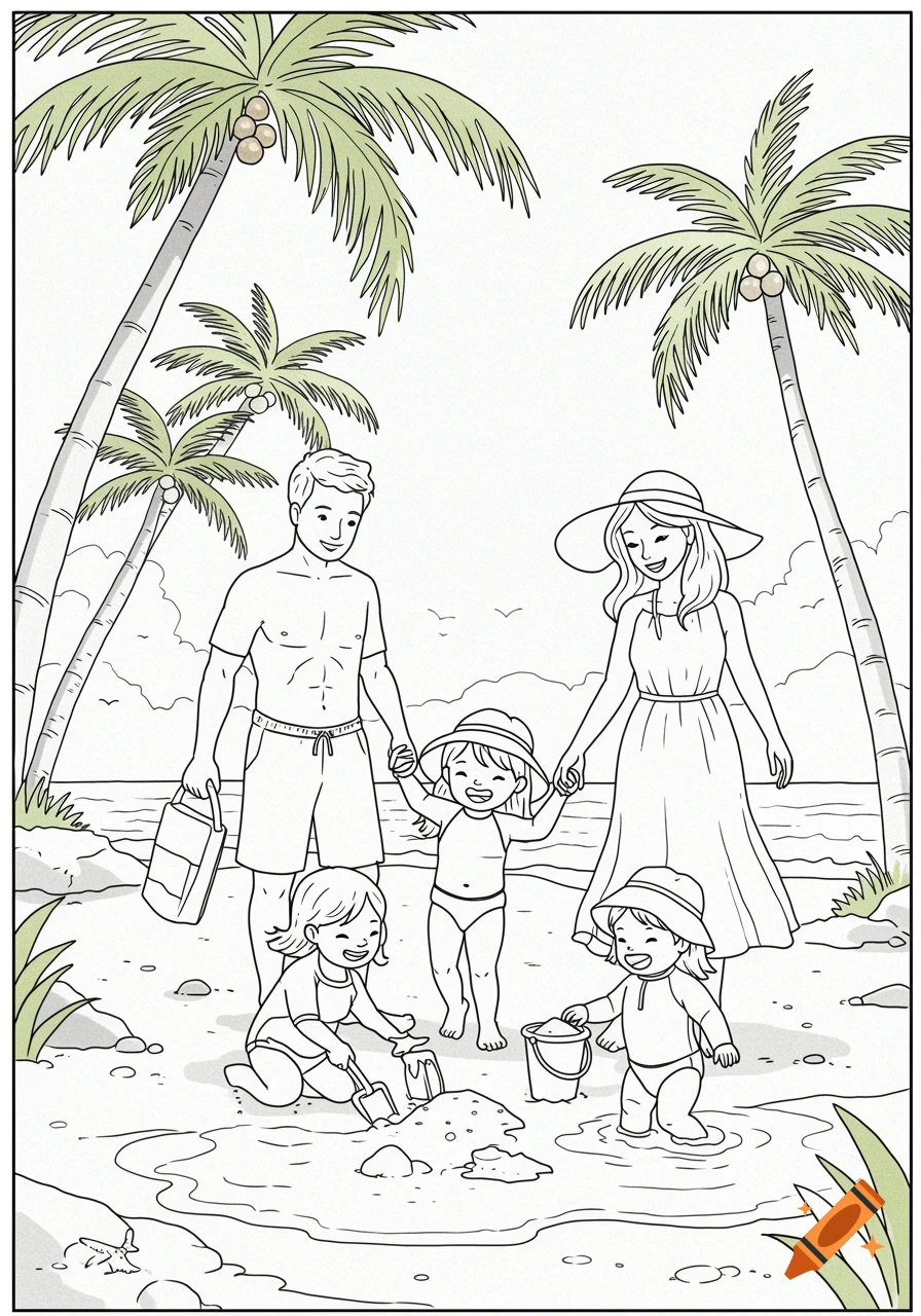 A family with two adults and two children playing on a sunny beach with palm trees, coloring book style.
