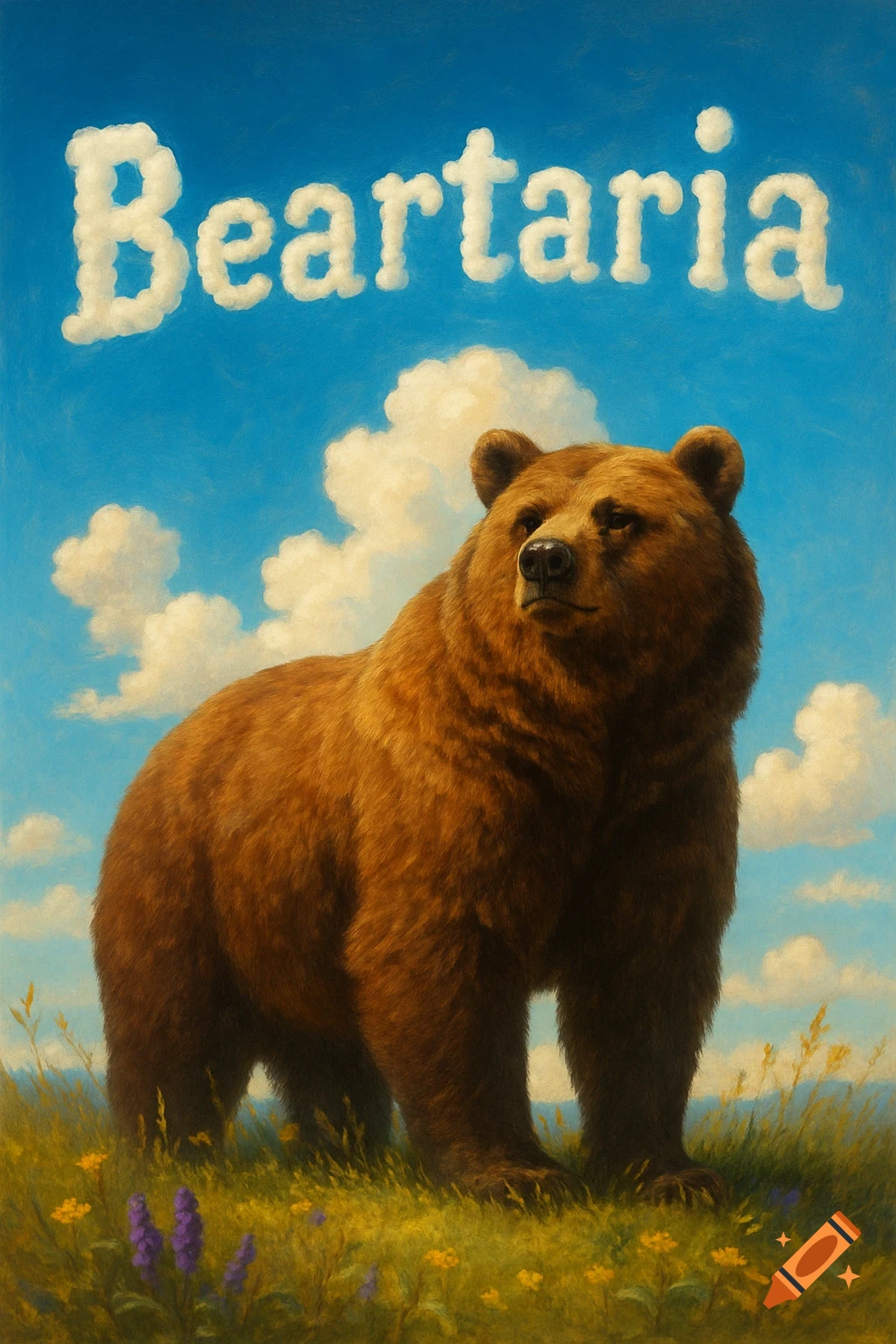 A majestic brown bear stands in a vibrant green meadow with yellow and purple flowers. White clouds spelling "Beartaria" float in the bright blue sky above, in a painterly style.