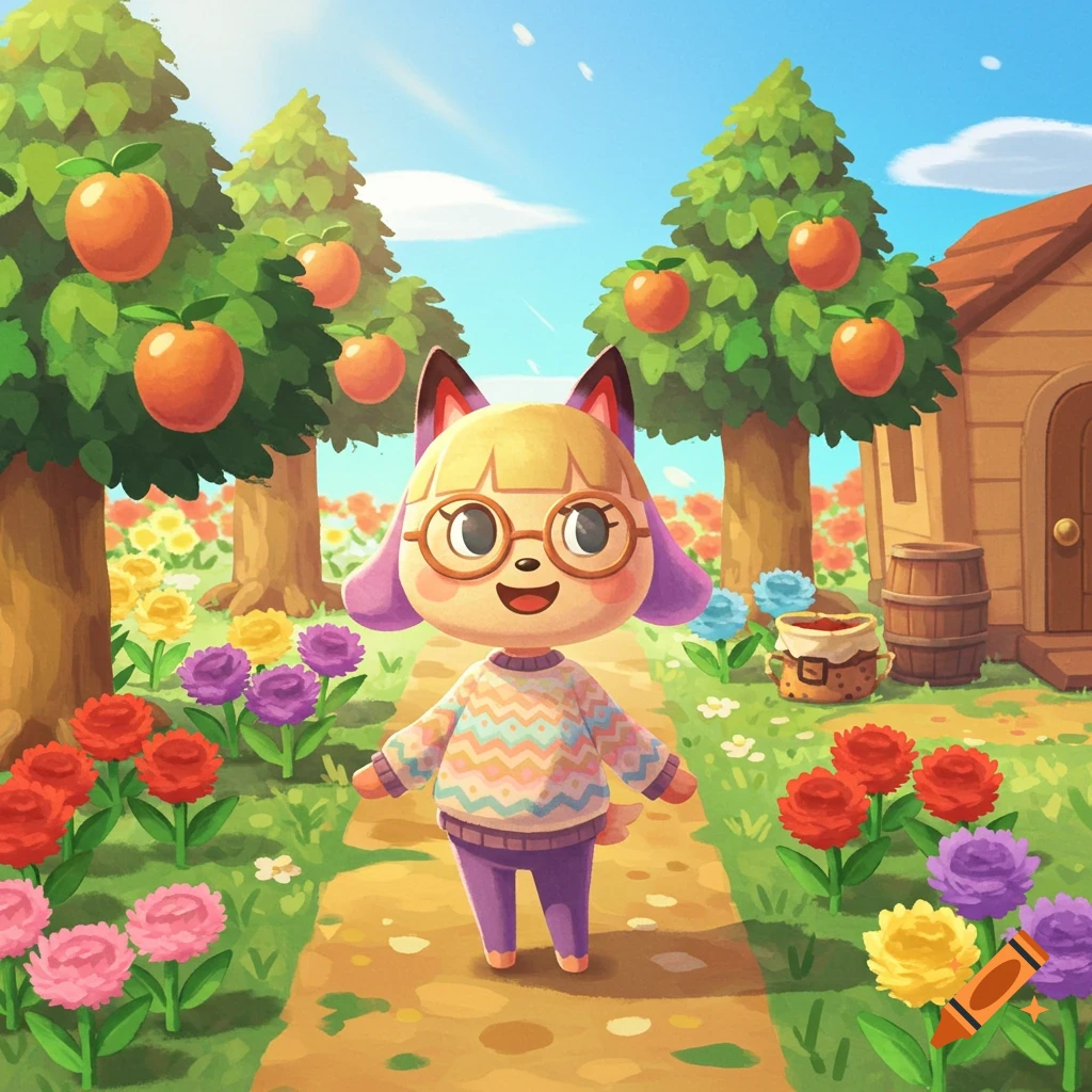 A cute Animal Crossing cat villager with glasses and a pastel sweater smiles on a sunny path, surrounded by flowers and fruit trees.