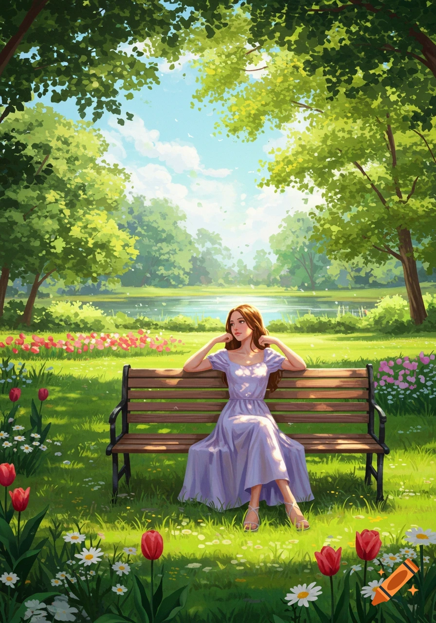 Digital art of a woman in a lavender dress sitting on a park bench by a lake surrounded by green trees and flowers on a sunny day.