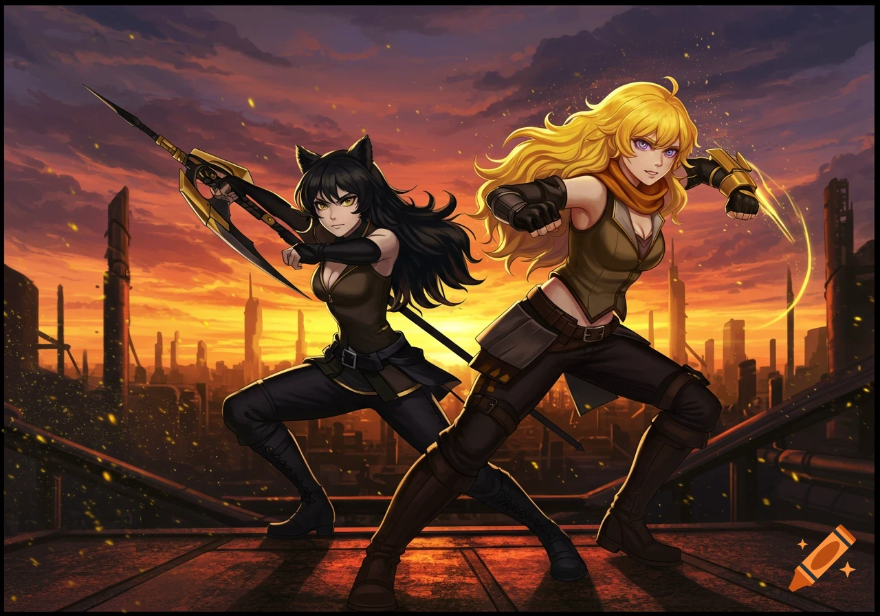 Anime-style illustration of two female warriors, one with black hair and a scythe, the other with blonde hair, posing on a rooftop at sunset.