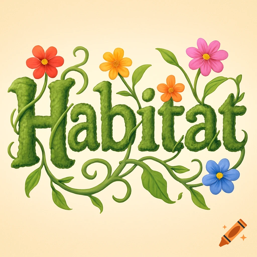 The word 'Habitat' rendered in green moss and vines, adorned with colorful red, orange, pink, and blue flowers on a light background.