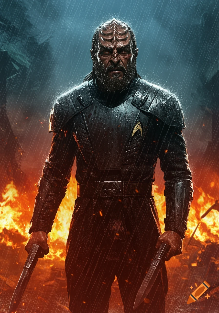 A fierce Klingon warrior with a beard in dark armor, standing in rain and fire, holding two daggers.