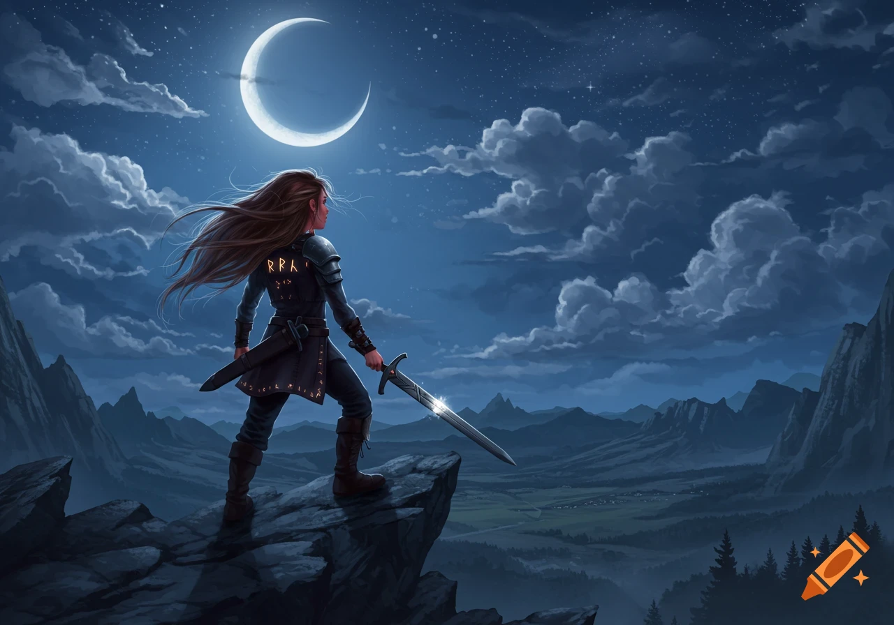 A warrior girl stands on a cliff, holding a glowing sword, overlooking a moonlit mountain valley.