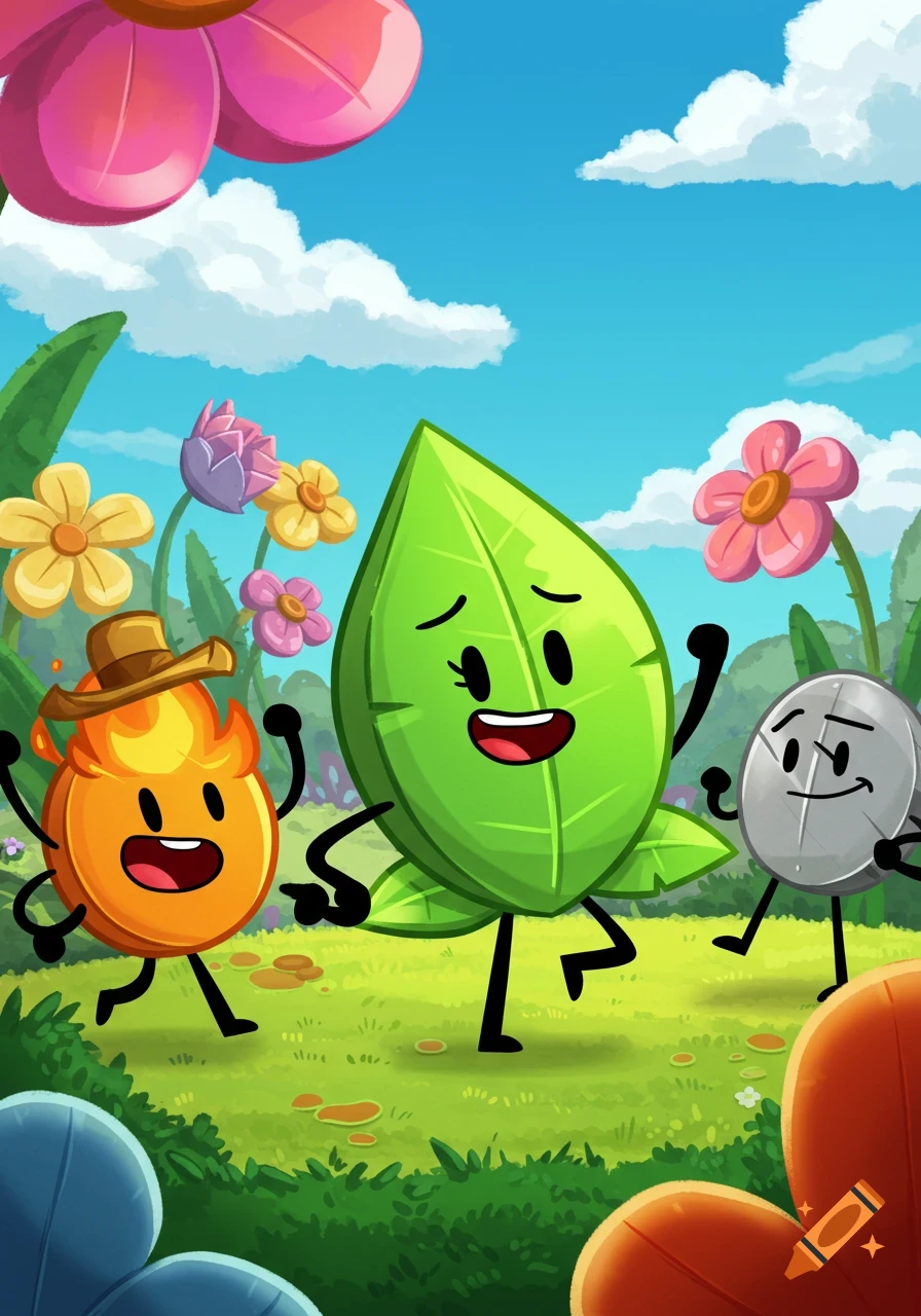 Three cartoon characters, a fiery orange circle, a green leaf, and a grey metal disk, happily dance in a vibrant field of flowers under a blue sky.