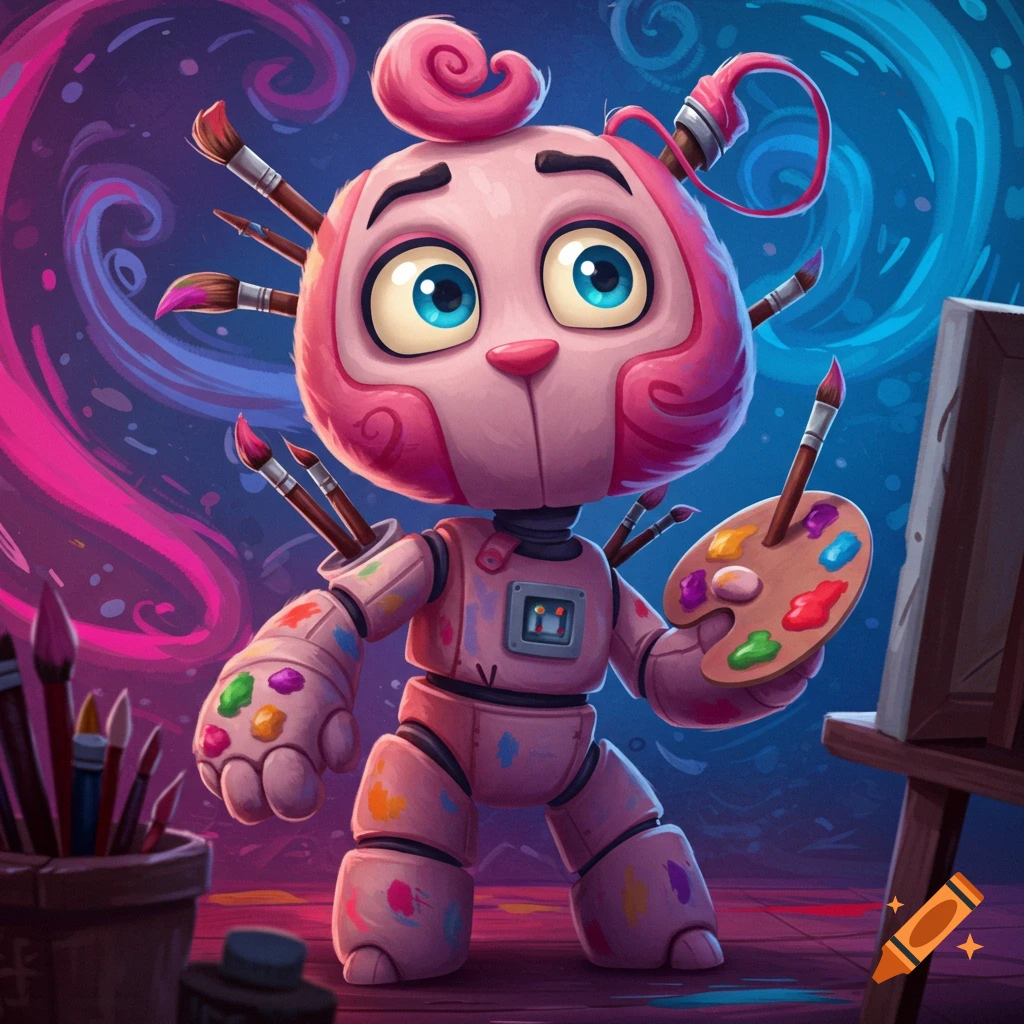 A cute pink cartoon robot artist, covered in paint, holds a palette and brush, surrounded by colorful paint swirls.