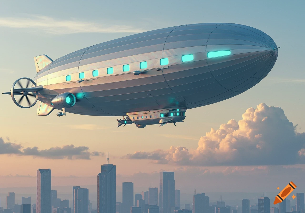 A large, sleek retrofuturistic airship with glowing cyan windows flies over a city skyline at sunset.