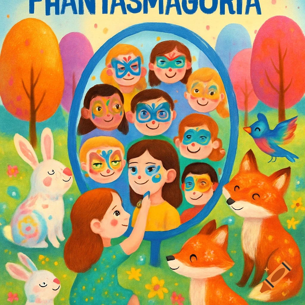 Colorful illustration of a girl face painting, children with painted faces, rabbits, and foxes in a whimsical forest. Text "PHANTASMAGORIA" at top.