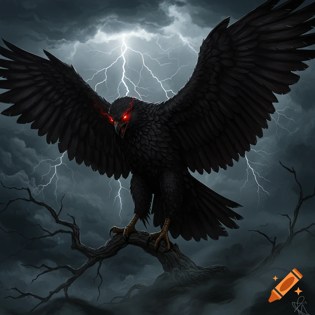 A menacing black hawk with glowing red eyes perches on a gnarled branch amidst a dark, lightning-filled storm.