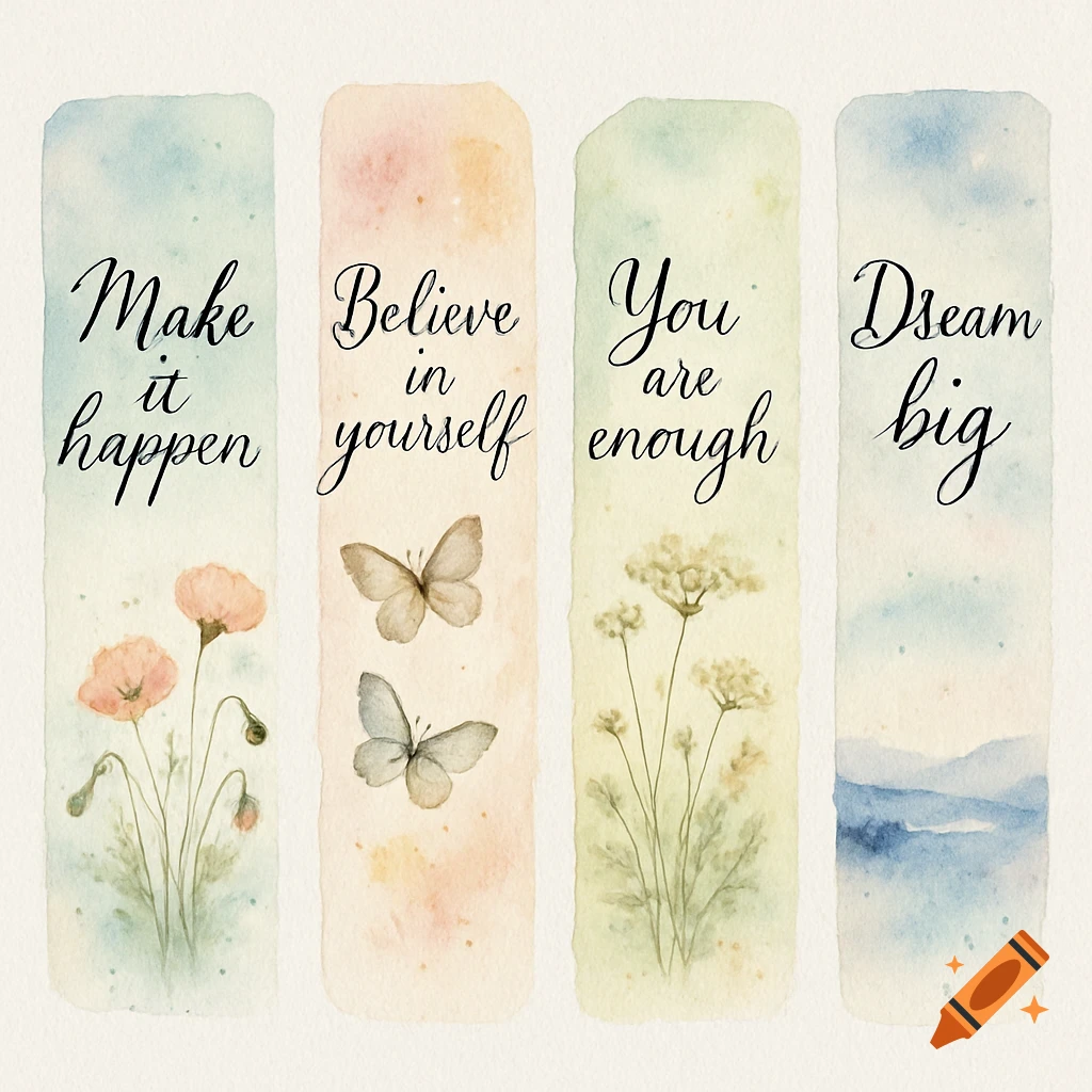 Four watercolor bookmarks feature motivational quotes, flowers, butterflies, and a serene landscape.