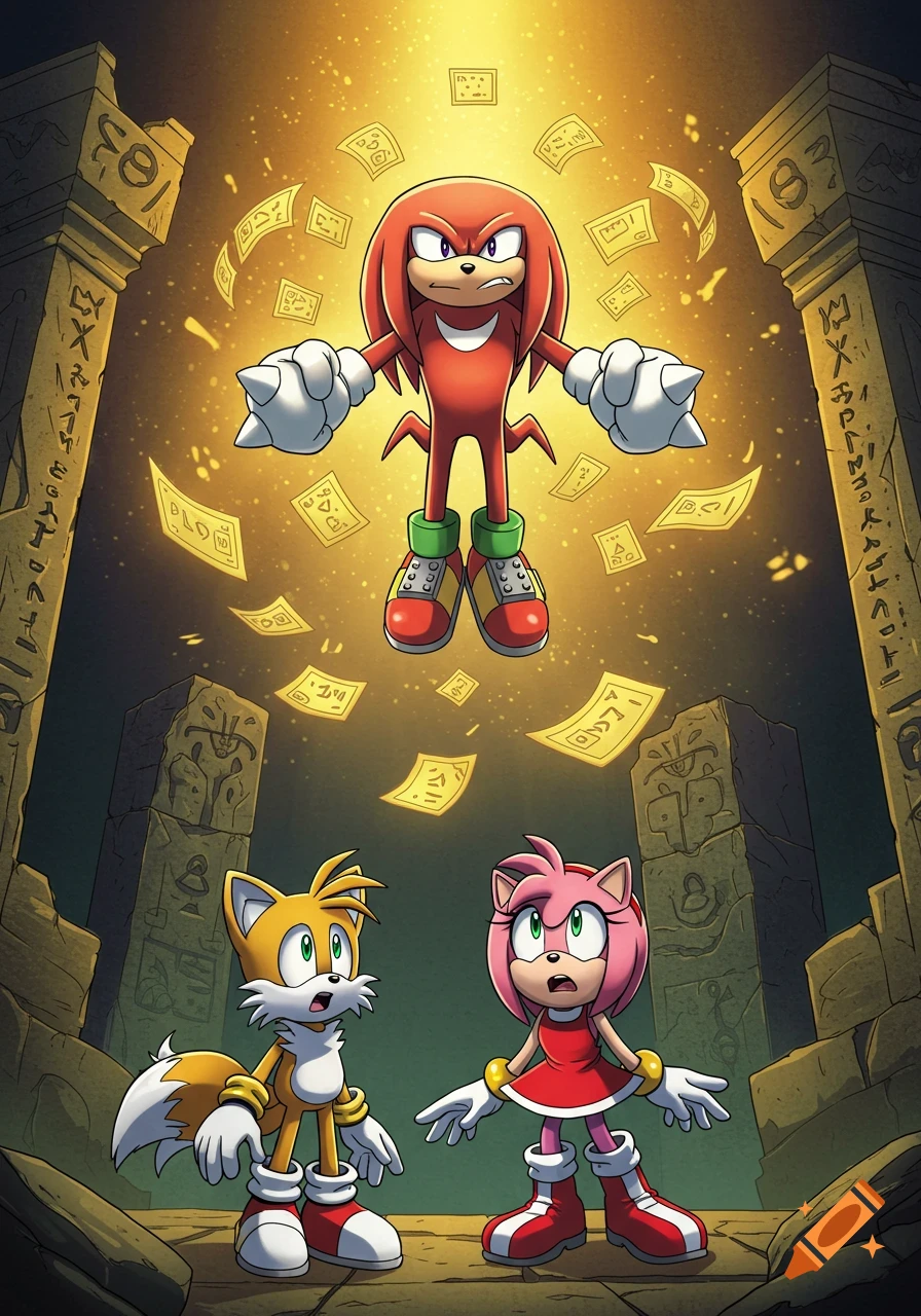 Knuckles floats in a golden aura with swirling papers in a temple, while Tails and Amy look up in surprise in a vibrant digital artwork.