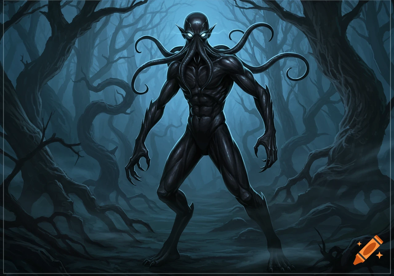 A dark humanoid monster with an octopus head and glowing eyes stands in a twisted, shadowy forest, in a dark fantasy art style.