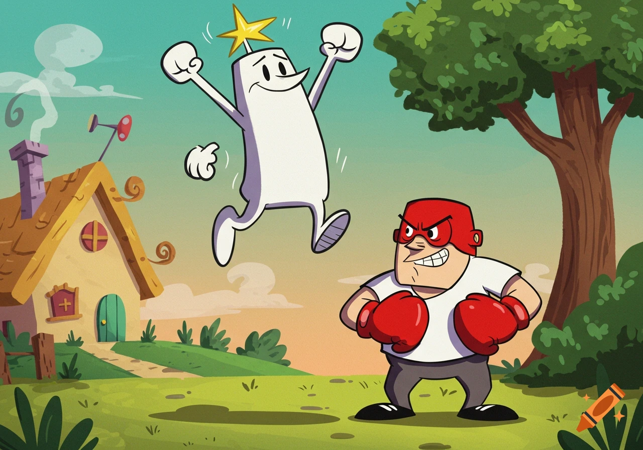 Cartoon of Homestar Runner jumping with a star on his head next to Strong Bad in a red mask and boxing gloves.
