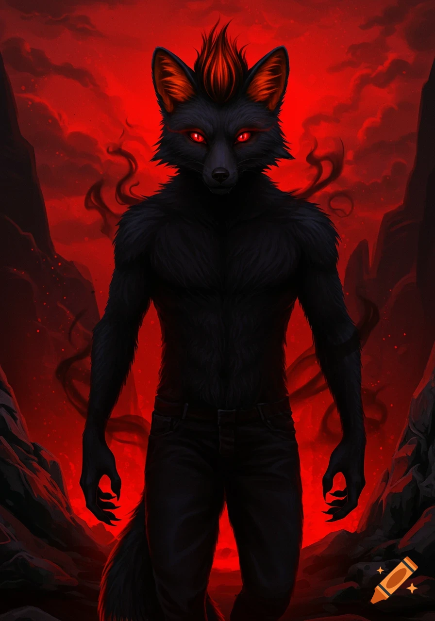 Stylized illustration of a black anthro fox fursona with red eyes and orange mohawk standing in a dark red, smoky, hellish landscape.