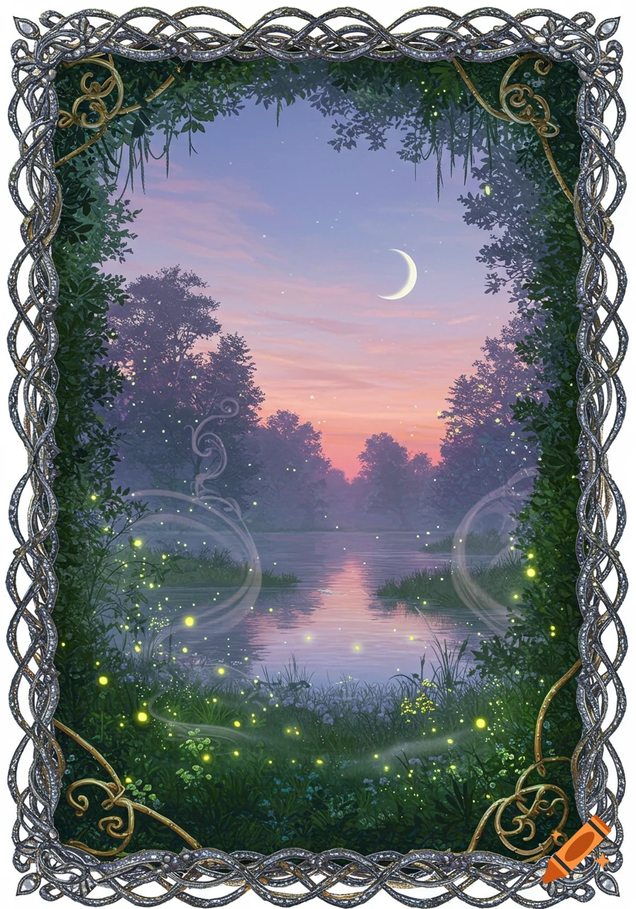 A twilight fantasy landscape framed by an ornate Celtic border, featuring a tranquil lake, fireflies, and trees under a crescent moon.