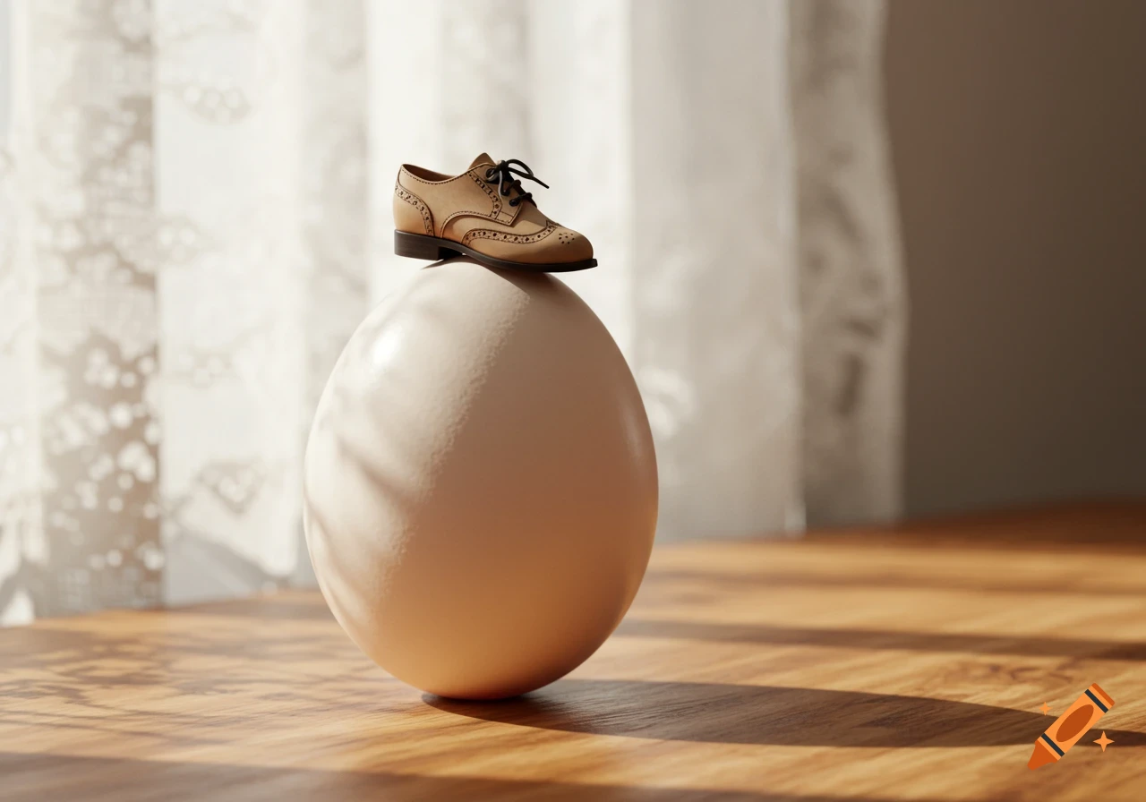 A tiny tan oxford shoe perched on a large, pale egg on a wooden table, lit by window light and shadows. Photorealistic.
