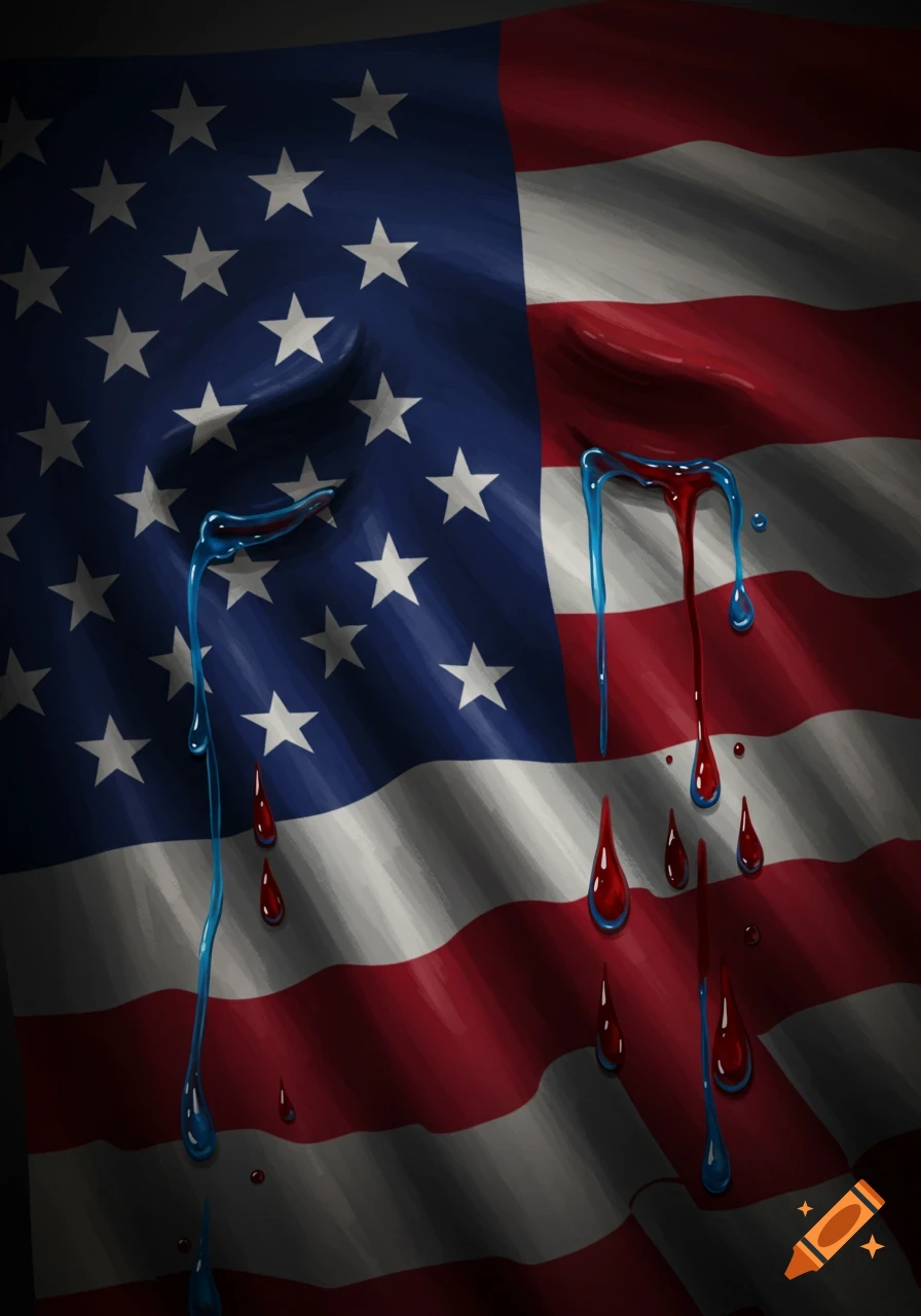 A waving American flag with blue tears dripping from the star field and red blood dripping from the stripes, in an artistic style.