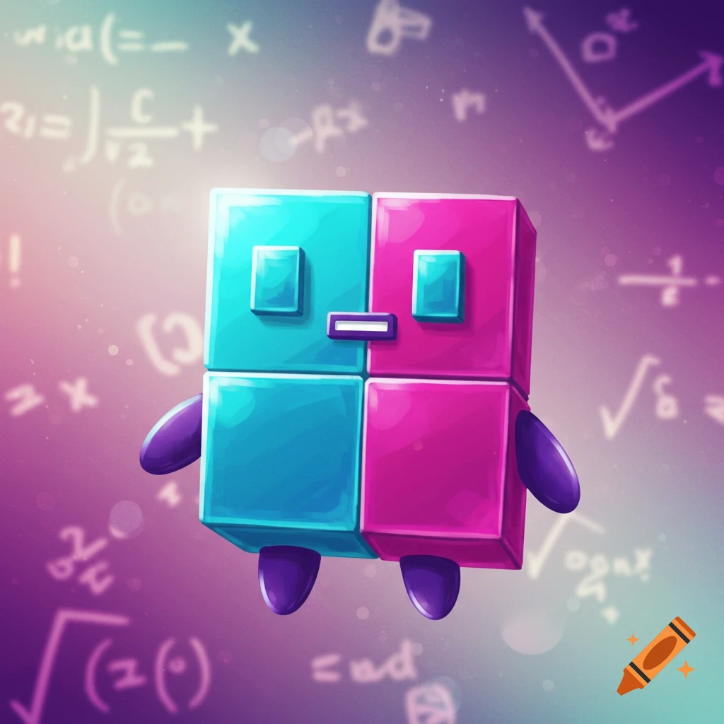 A cute character made of two blue and pink blocks with purple limbs floats against a blurred purple background with mathematical equations.