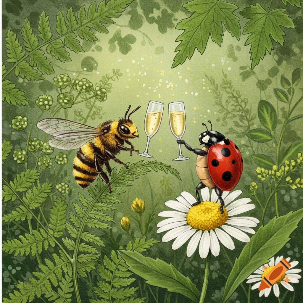 Whimsical illustration of a bee and a ladybug raising champagne glasses amidst ferns and daisies in a green forest.