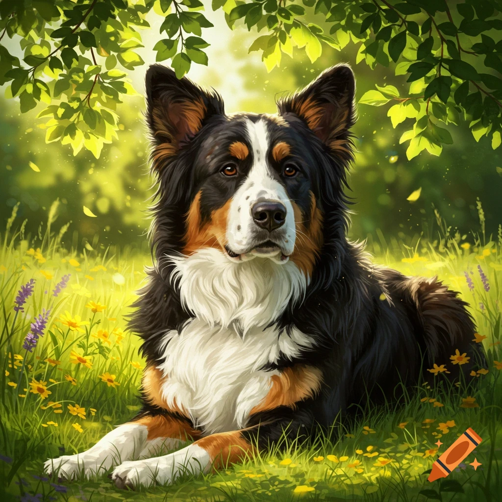 A fluffy tri-color dog with floppy ears lies peacefully in a sunny field of yellow and purple wildflowers under green leaves.
