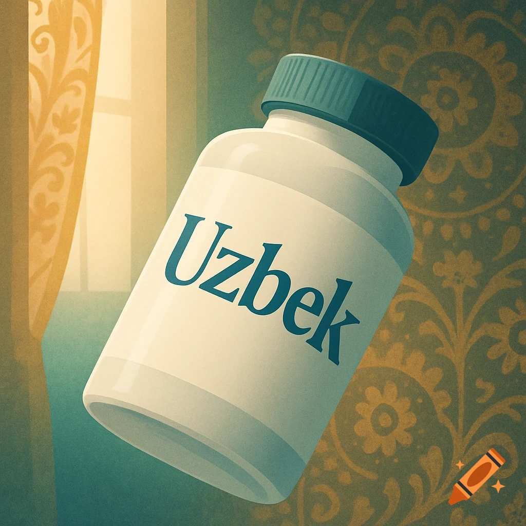 Close-up of a white supplement bottle with a teal cap, labeled 'Uzbek', against a warm, patterned background.