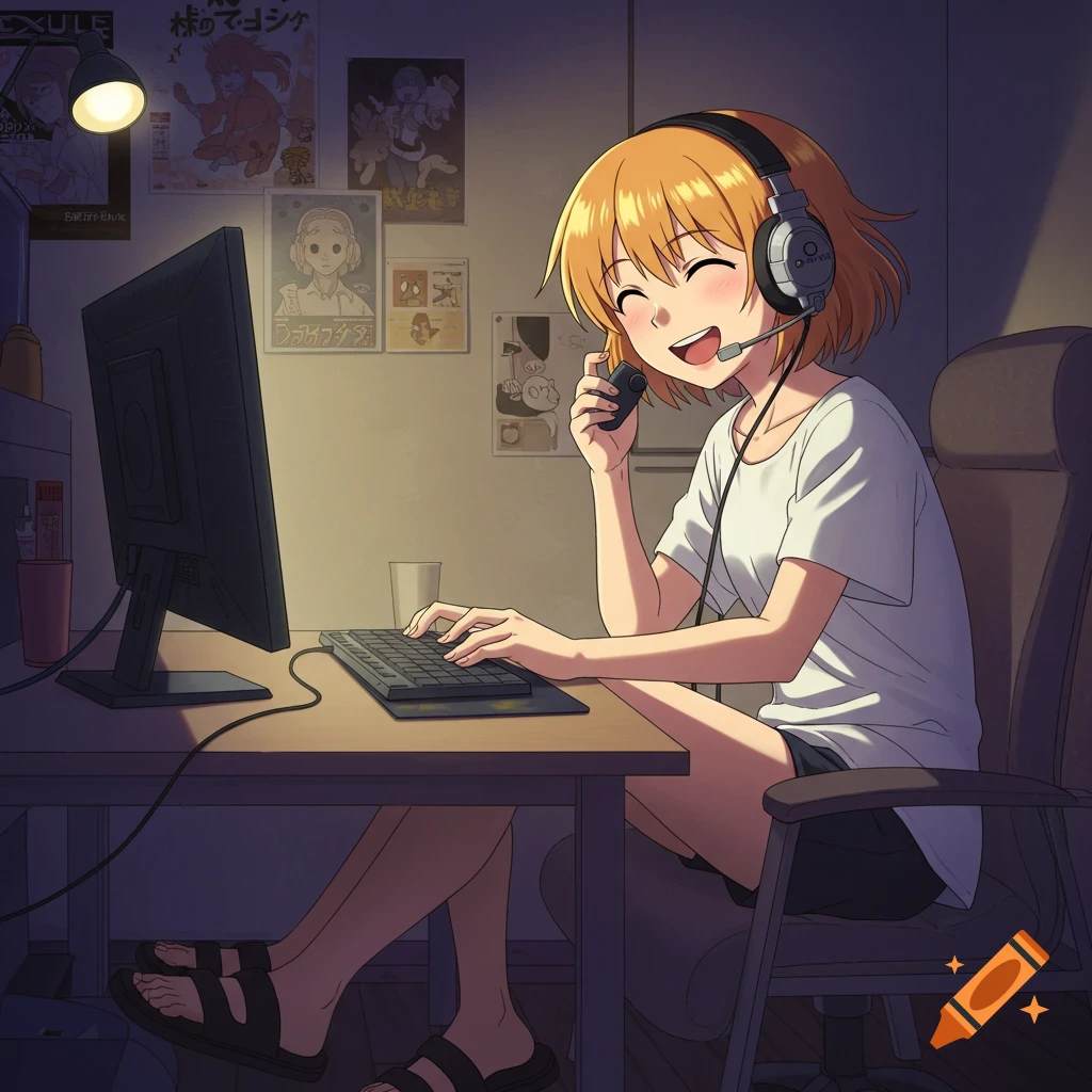 An anime girl with short orange hair and a headset smiles while playing video games on a computer in a dimly lit room with posters on the wall.