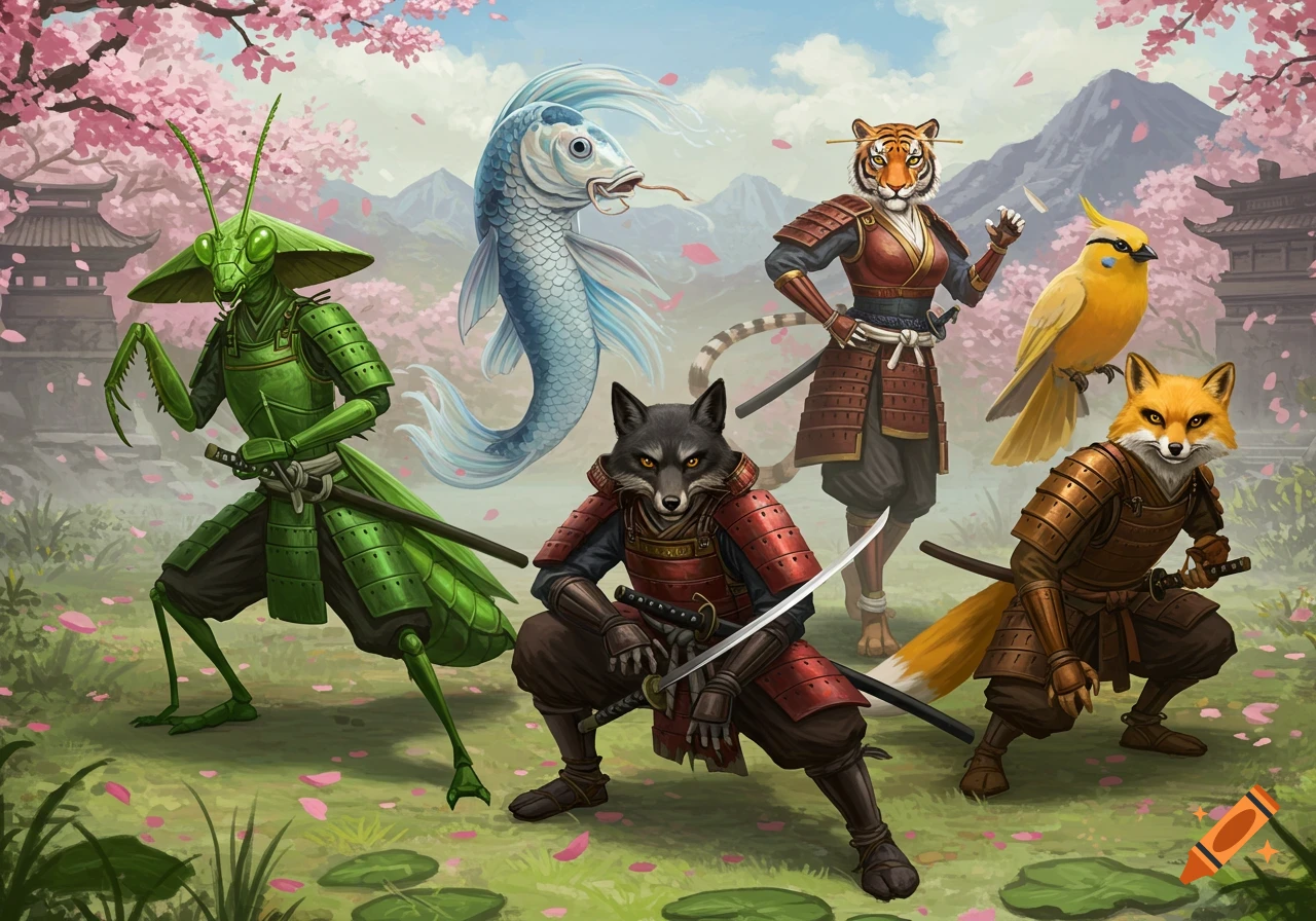 A group of six anthropomorphic animals, including a mantis, koi fish, tiger, wolf, fox, and bird, dressed as samurai warriors in a cherry blossom garden.