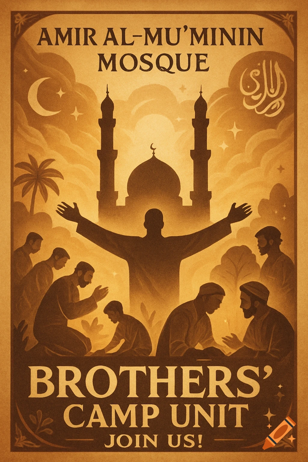 Vintage-style poster for Amir Al-Mu'minin Mosque Brothers' Camp Unit, showing men praying before a mosque silhouette under a crescent moon.