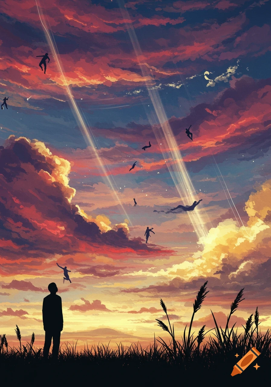 Silhouetted figures float in a vibrant orange and purple sunset sky, with a lone person standing in grassy foreground, digital art.