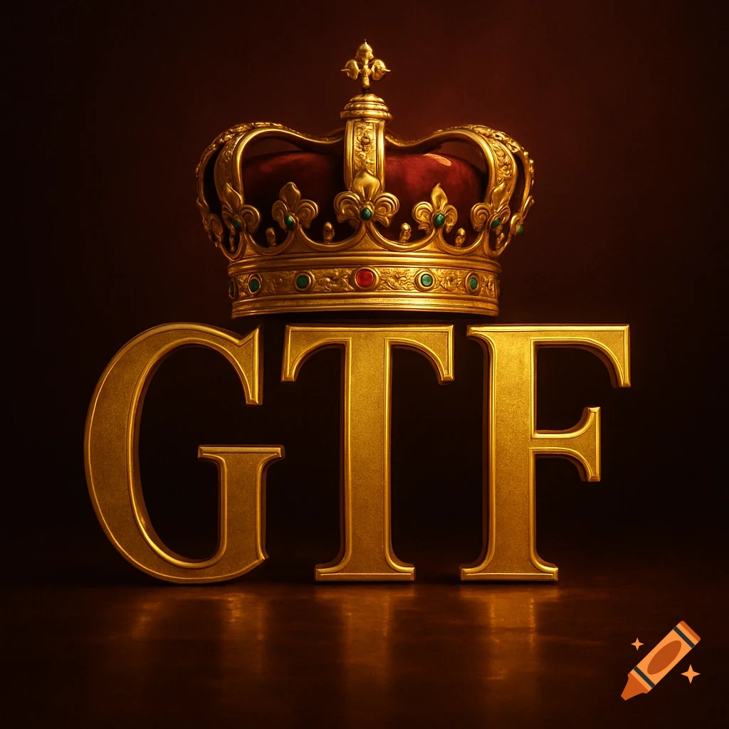 Golden letters GTF with an ornate gold and red crown on a dark background.