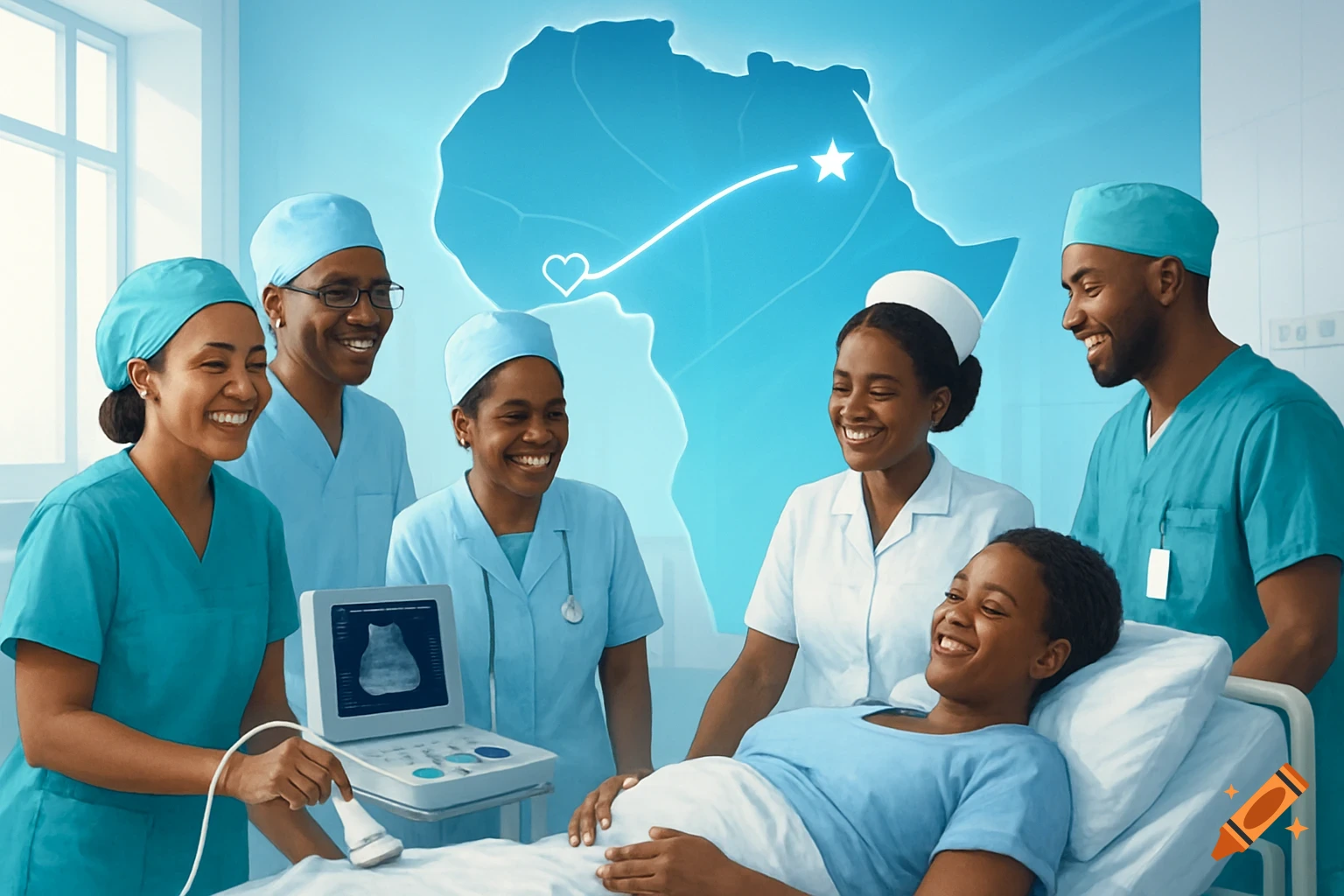 Smiling African medical team performs an ultrasound on a patient, with a symbolic map of Africa in the background. Digital illustration.